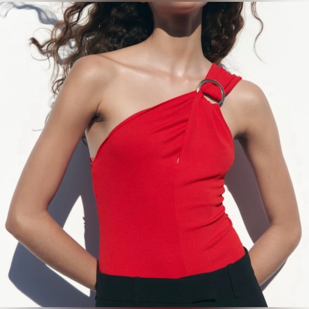 NWT ZARA Red Cross Strap Bodysuit with Silver Ring Hardware